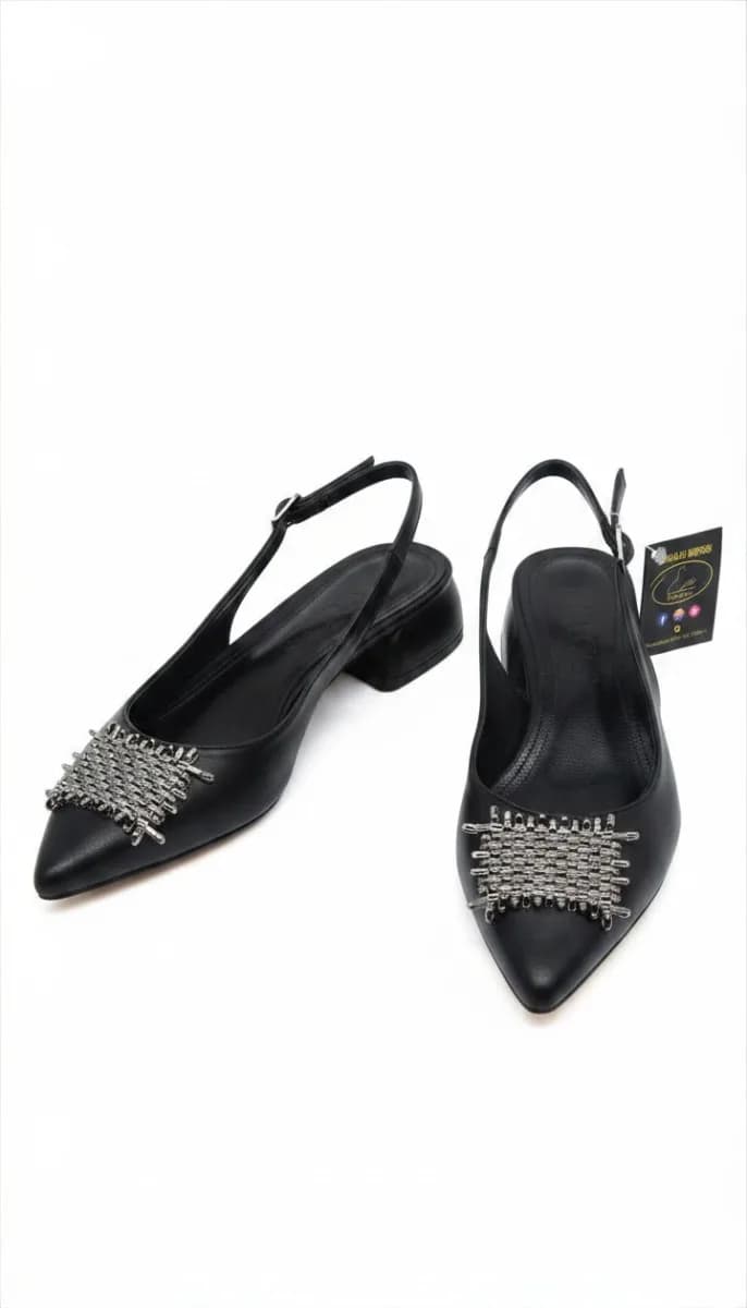 Kadın Siyah Taşlı Slingback Topuklu Ayakkabı - görsel 4