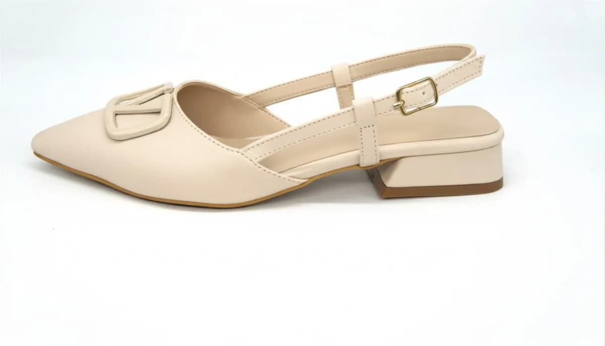 Kadın Krem Geometrik Aksesuarlı Alçak Kalın Topuklu Slingback Ayakkabı - görsel 3