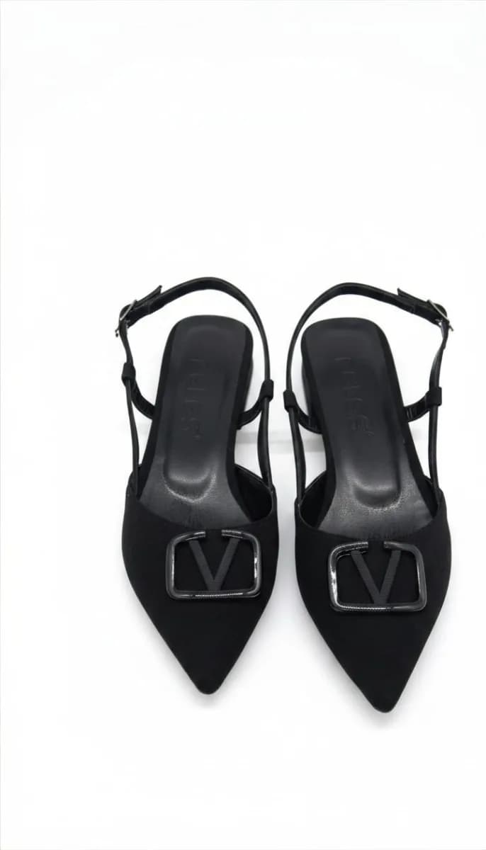 Kadın Siyah Geometrik Tokalı Alçak Kalın Topuklu Slingback Ayakkabı - görsel 4