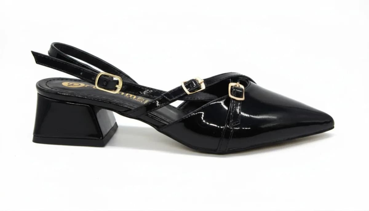 Kadın Siyah Rugan Taş Tokalı Alçak Kalın Topuklu Slingback Ayakkabı - görsel 3