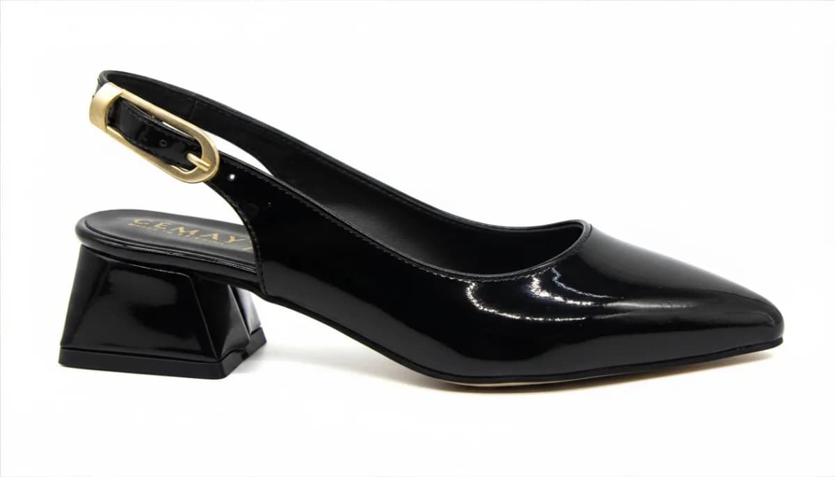 Kadın Siyah Rugan Alçak Kalın Topuklu Slingback Ayakkabı - görsel 5