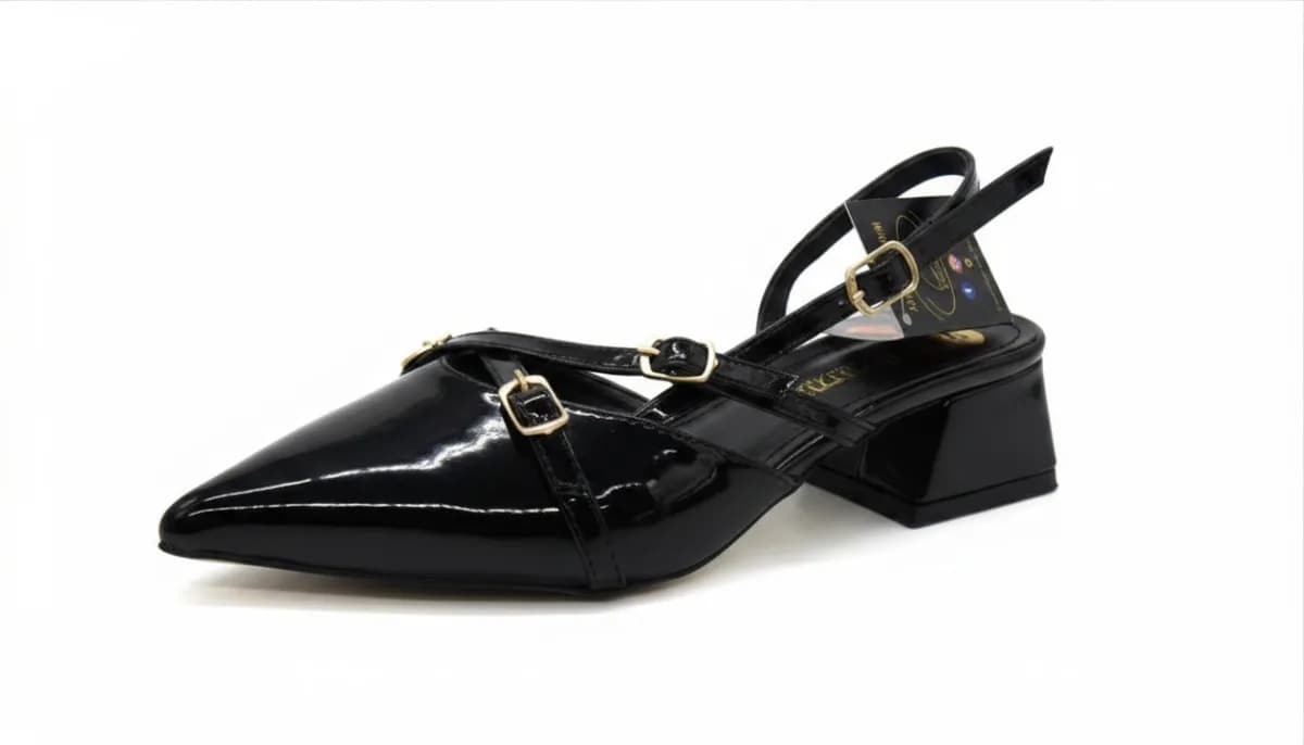Kadın Siyah Rugan Taş Tokalı Alçak Kalın Topuklu Slingback Ayakkabı - görsel 5